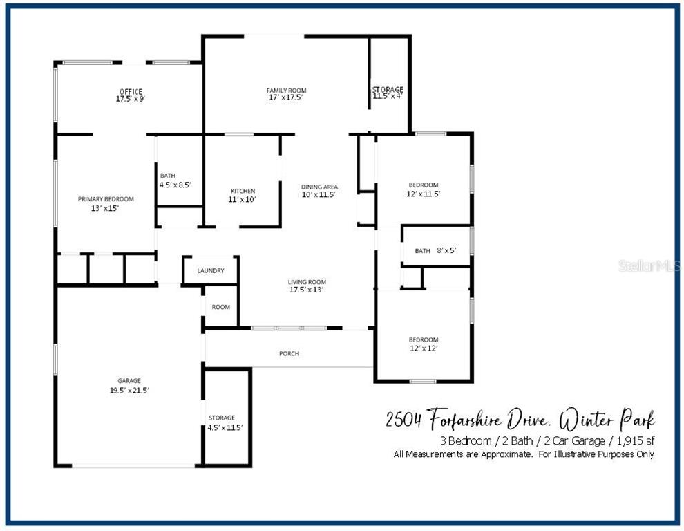 This is a floor plan for a three-bedroom, two-bathroom home with a two-car garage — 2504 FORFARSHIRE DRIVE, WINTER PARK, FL