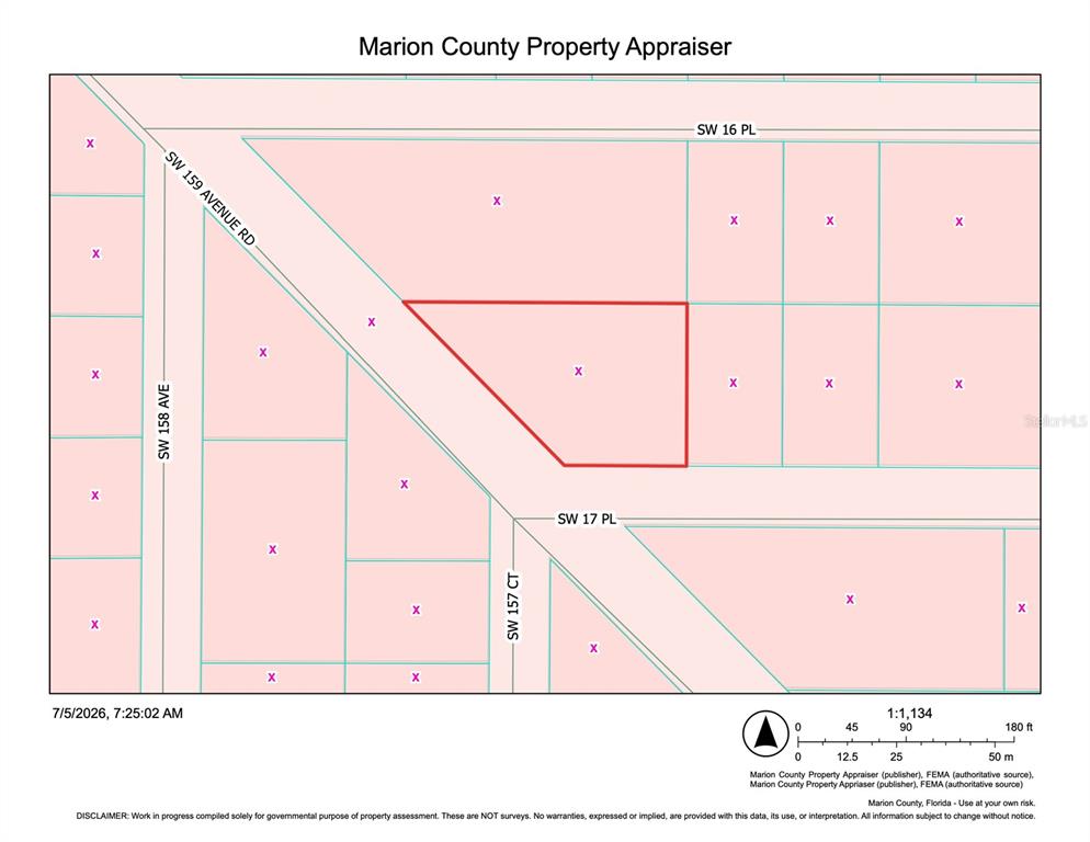 This is a property map showing a highlighted parcel of land in Marion County, Florida — TBD SW 159TH AVE RD, OCALA, FL