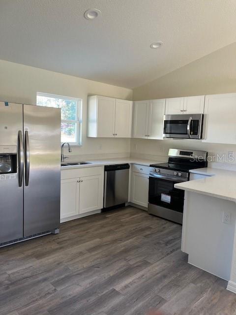 A kitchen features white cabinets, stainless steel appliances, and wood-look flooring — 12129 SE 87TH COURT, BELLEVIEW, FL