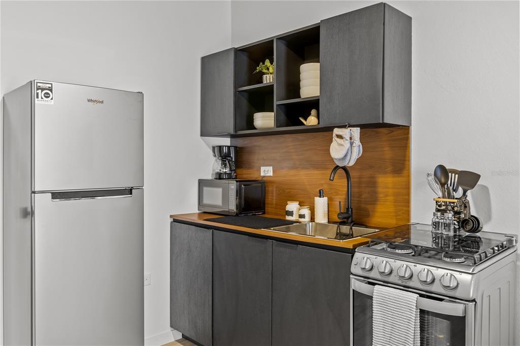 A small kitchen features dark cabinetry, a stainless steel refrigerator, a sink, and a stove — 8 BORIQUEN, SABANA GRANDE, PR