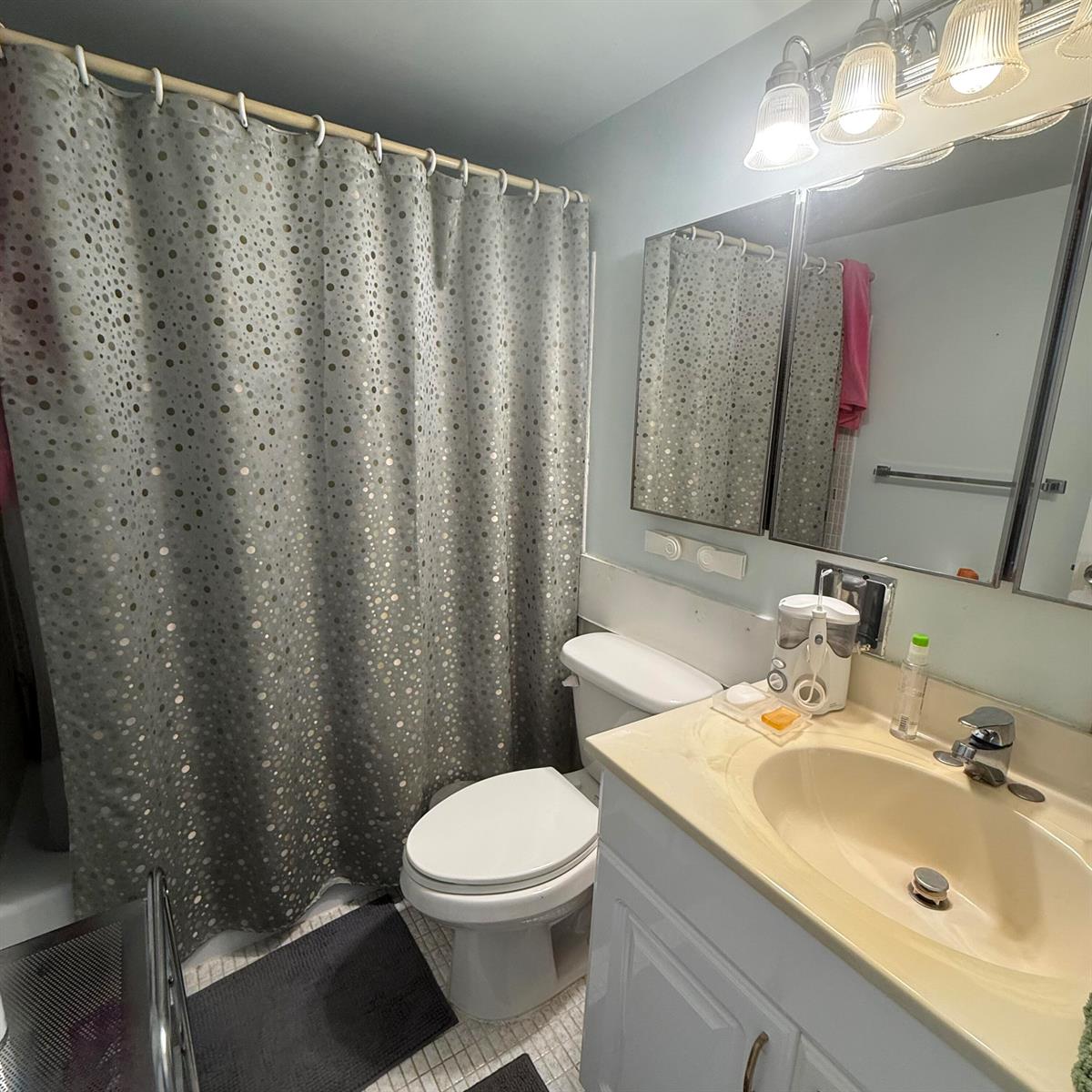 A bathroom features a patterned shower curtain, a white toilet, and a vanity with sink — 2102 Lake Osborne Drive # 20, FL 33461, FL