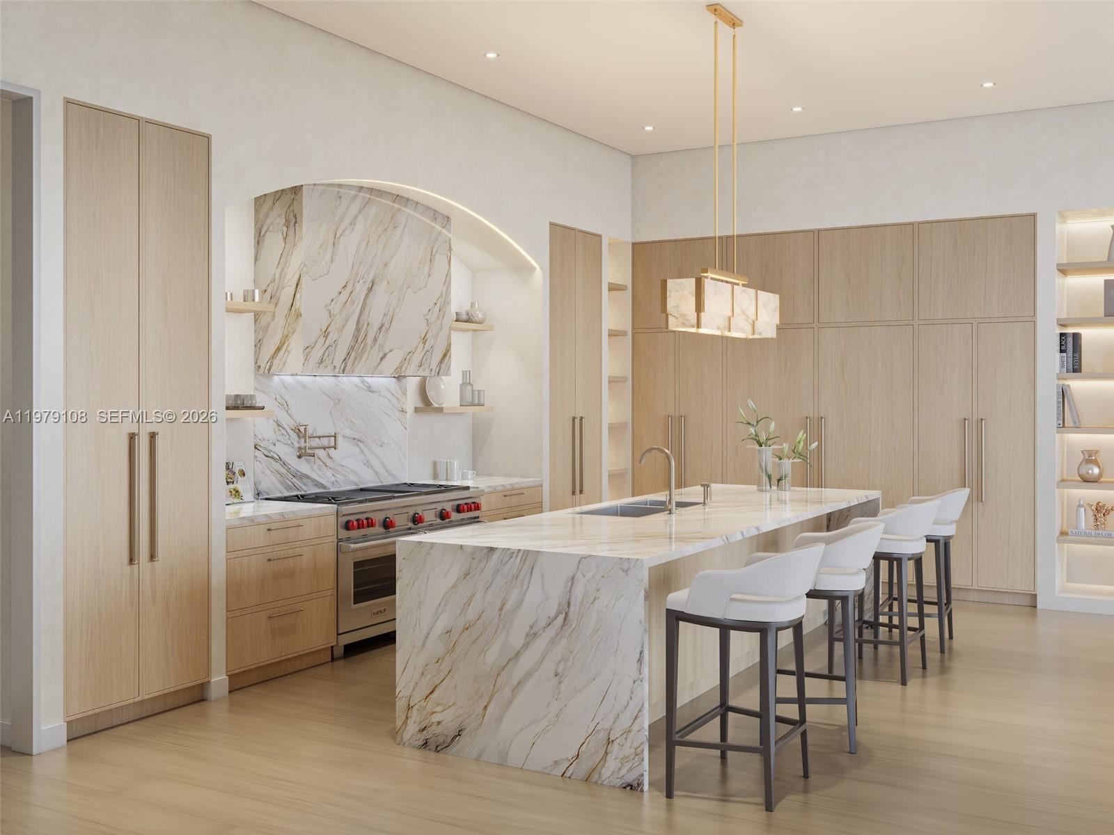 This rendering shows a modern kitchen with light wood cabinetry, marble countertops, and an island — 3000 Ponce De Leon # 506, Coral Gables FL 33134, CORAL GABLES, FL