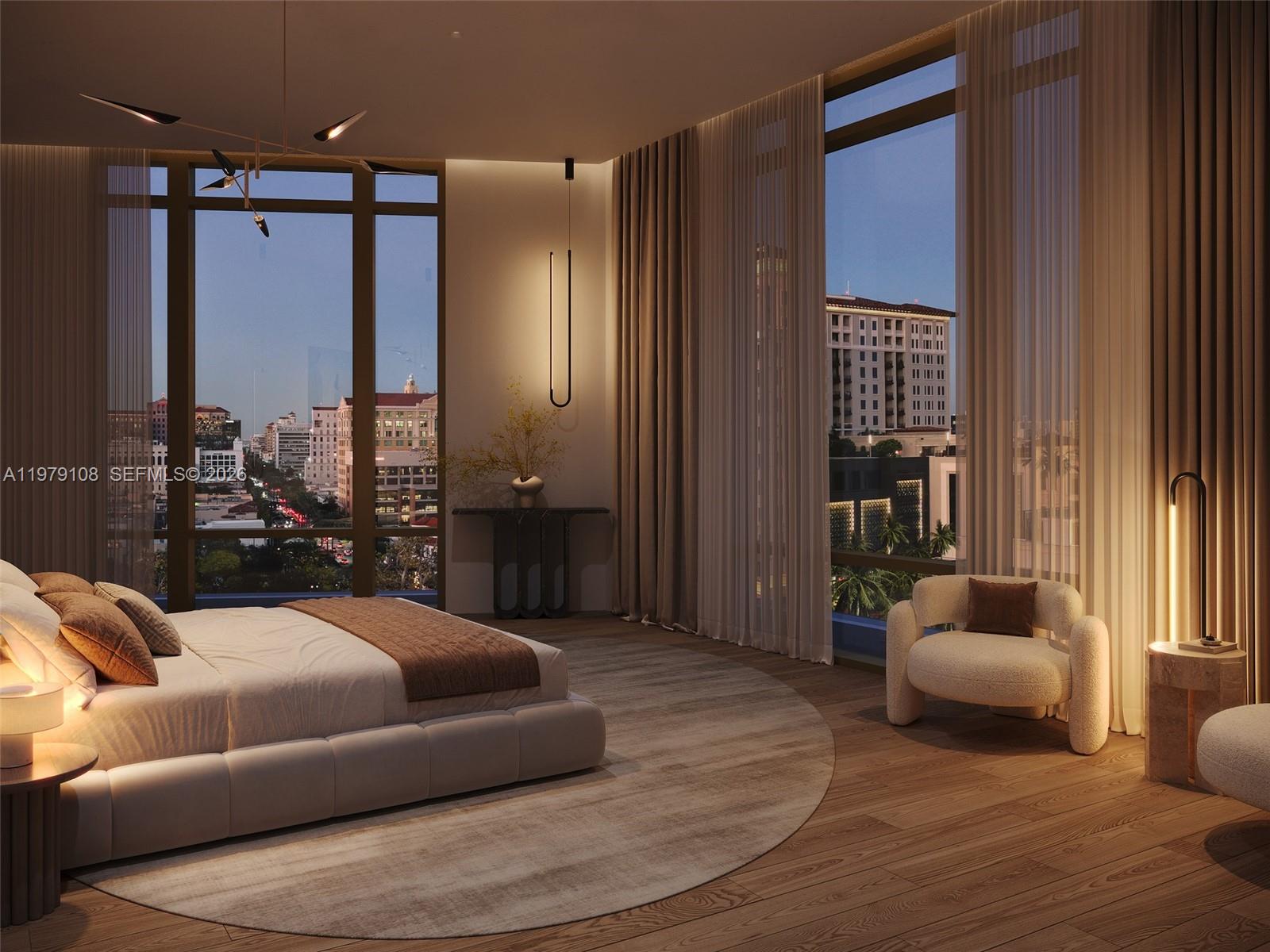 This rendering shows a modern bedroom with floor-to-ceiling windows, a platform bed, and city views — 3000 Ponce De Leon # 506, Coral Gables FL 33134, CORAL GABLES, FL