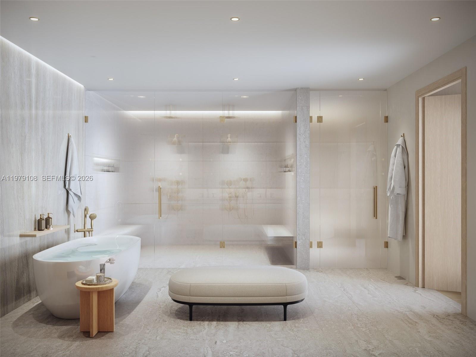 This rendering shows a modern bathroom with a freestanding tub, glass shower, and stone flooring — 3000 Ponce De Leon # 506, Coral Gables FL 33134, CORAL GABLES, FL