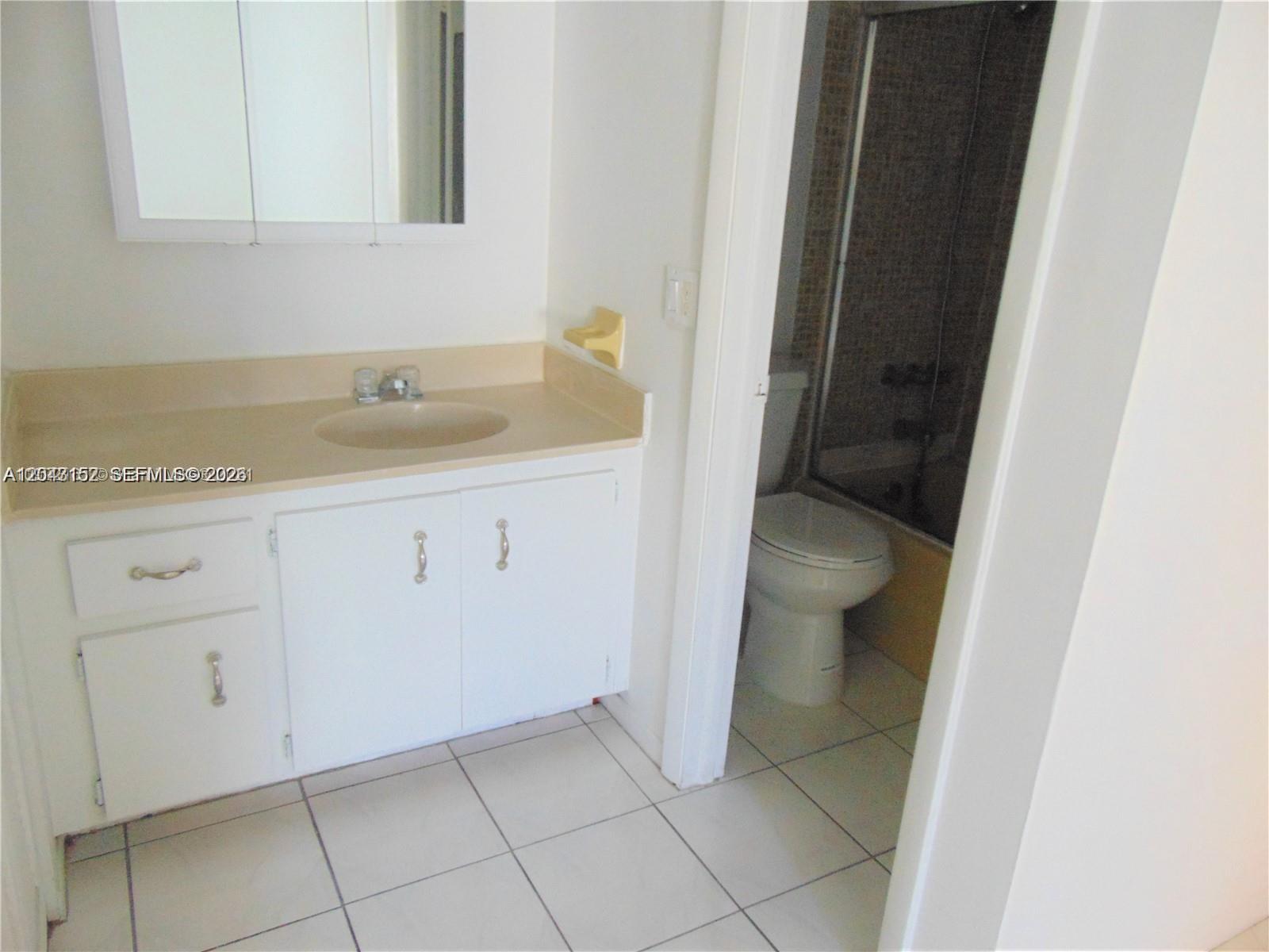 A bathroom features a white vanity with a beige countertop and an adjacent toilet area — SUNNY ISLES BEACH, FL