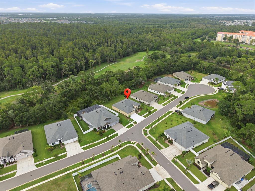 An aerial view shows a suburban neighborhood with houses, a cul-de-sac, and surrounding woods — 3908 GAVIOTA DRIVE, SUN CITY CENTER, FL