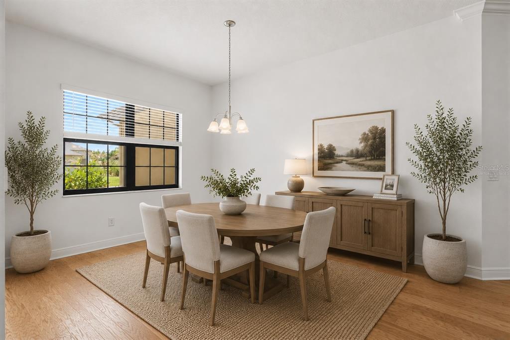 A dining room features an oval wooden table, upholstered chairs, a sideboard, and two potted plants — 3908 GAVIOTA DRIVE, SUN CITY CENTER, FL