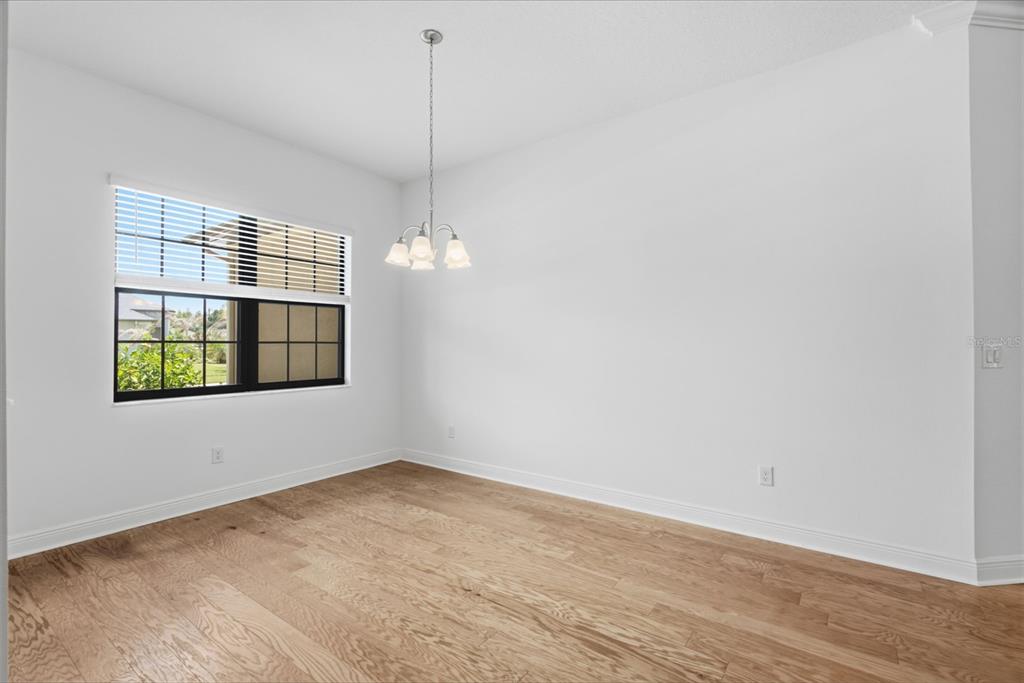 An empty dining room features light wood flooring, white walls, and a three-light chandelier — 3908 GAVIOTA DRIVE, SUN CITY CENTER, FL