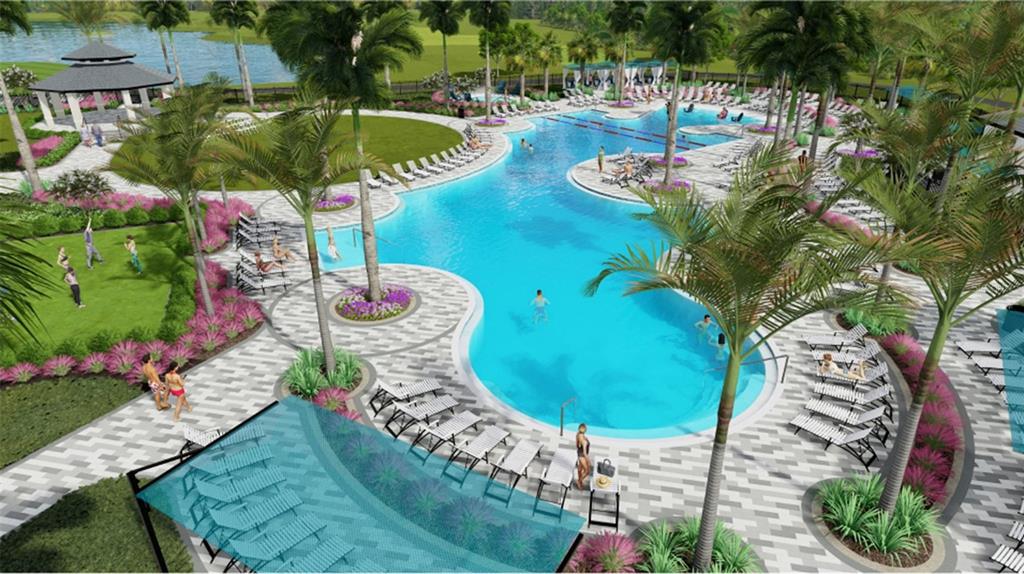 This is a rendering of a resort-style swimming pool surrounded by palm trees and lounge chairs — 17445 OPAL SAND DRIVE UNIT 205, VENICE, FL