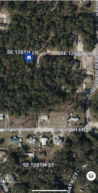 This is an aerial map view of a wooded residential area with several houses — 10392 SE 126TH LANE, BELLEVIEW, FL