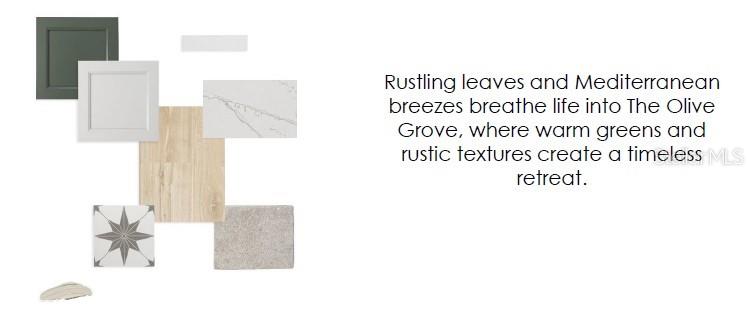 This interior design mood board displays various material samples, including cabinetry, countertops, flooring, and tiles — 3226 VOYAGER AVENUE, ST CLOUD, FL