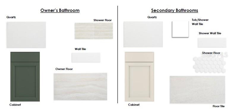 This digital rendering displays material finish palettes for an owner's bathroom and secondary bathrooms — 3226 VOYAGER AVENUE, ST CLOUD, FL