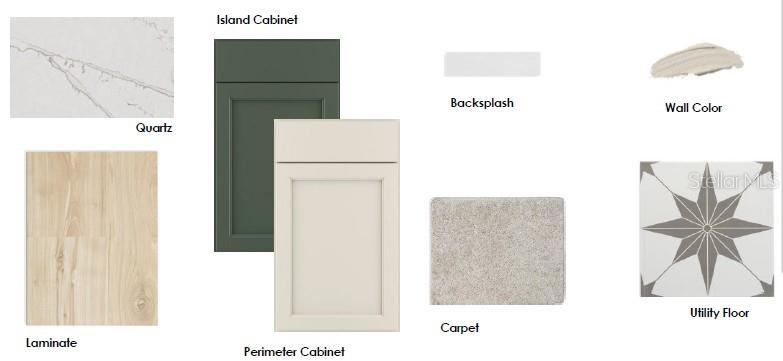 This image is a design board displaying various interior finish samples for a home — 3226 VOYAGER AVENUE, ST CLOUD, FL