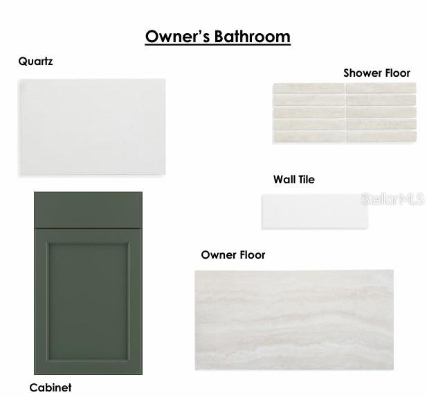This image is a design board showing material samples for an owner's bathroom — 3226 VOYAGER AVENUE, ST CLOUD, FL