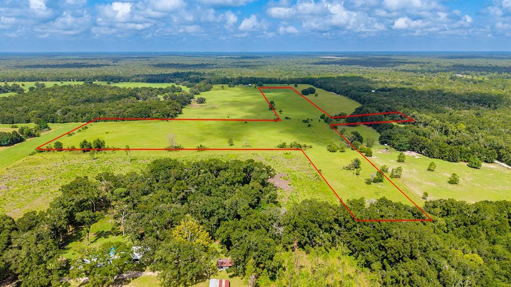 An aerial view shows a large, open grassy field outlined in red amidst wooded areas — 0000 NW 20TH STREET, BELL, FL