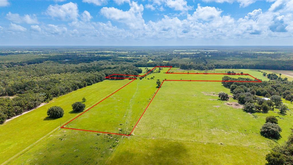 An aerial view shows a large, open green pasture outlined in red against a forest — 0000 NW 20TH STREET, BELL, FL