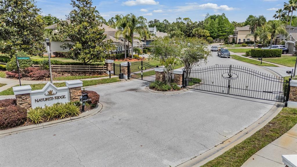 The gated entrance to the Nature's Ridge community features stone pillars and lush landscaping — 21246 QUIET HAVEN COURT, LAND O LAKES, FL