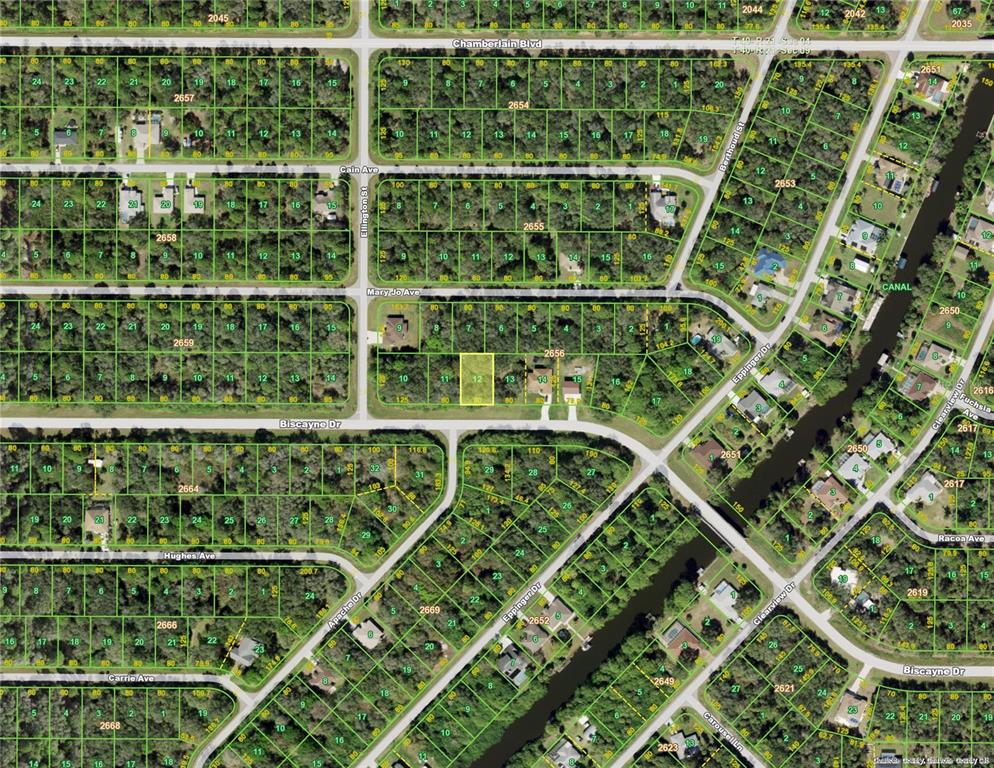 This is a map showing residential land parcels and street layouts in a neighborhood — 1044 BISCAYNE DRIVE, PORT CHARLOTTE, FL