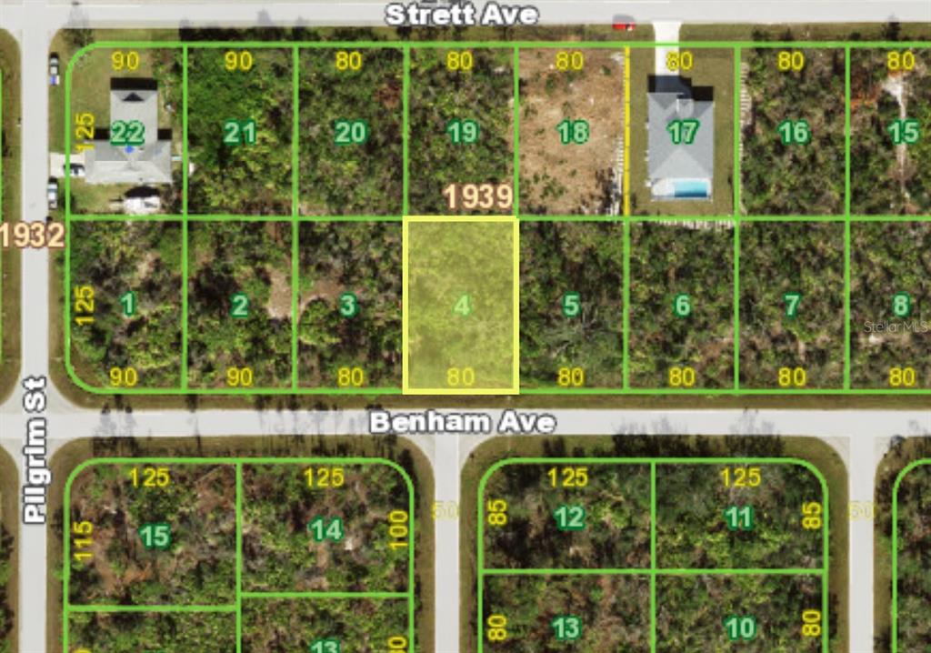 This is a map showing a vacant residential lot highlighted in yellow among other parcels — 12156 BENHAM AVENUE, PORT CHARLOTTE, FL