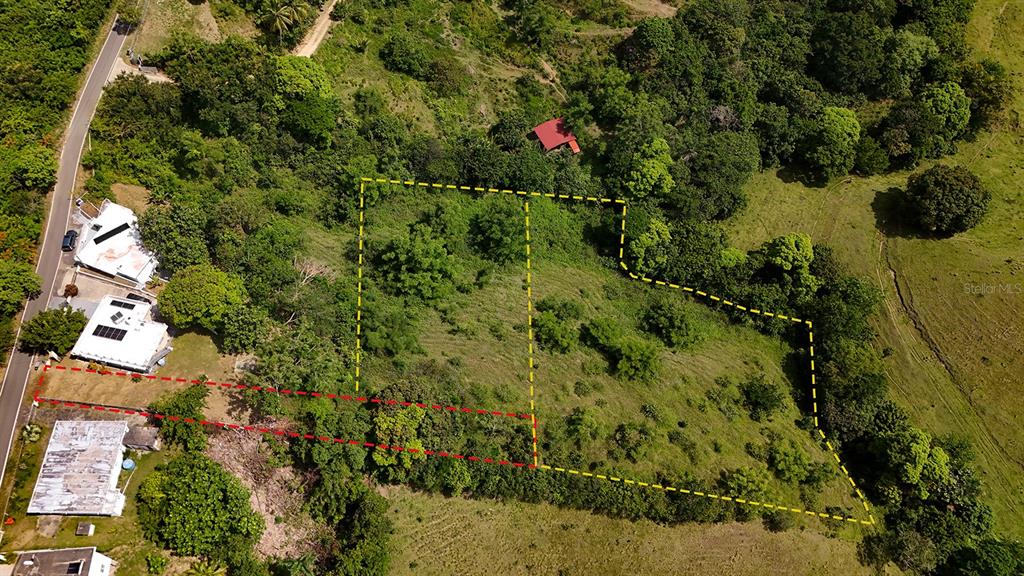 An aerial view shows a grassy, tree-lined plot of land outlined in yellow and red — Km 1.1 CARR 400, RINCON, PR