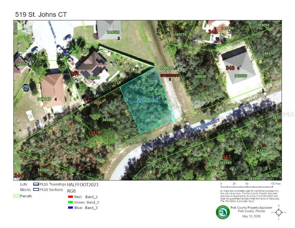 This is a property tax map showing parcel boundaries and lot dimensions for a residential area — 519 ST. JOHNS COURT, POINCIANA, FL