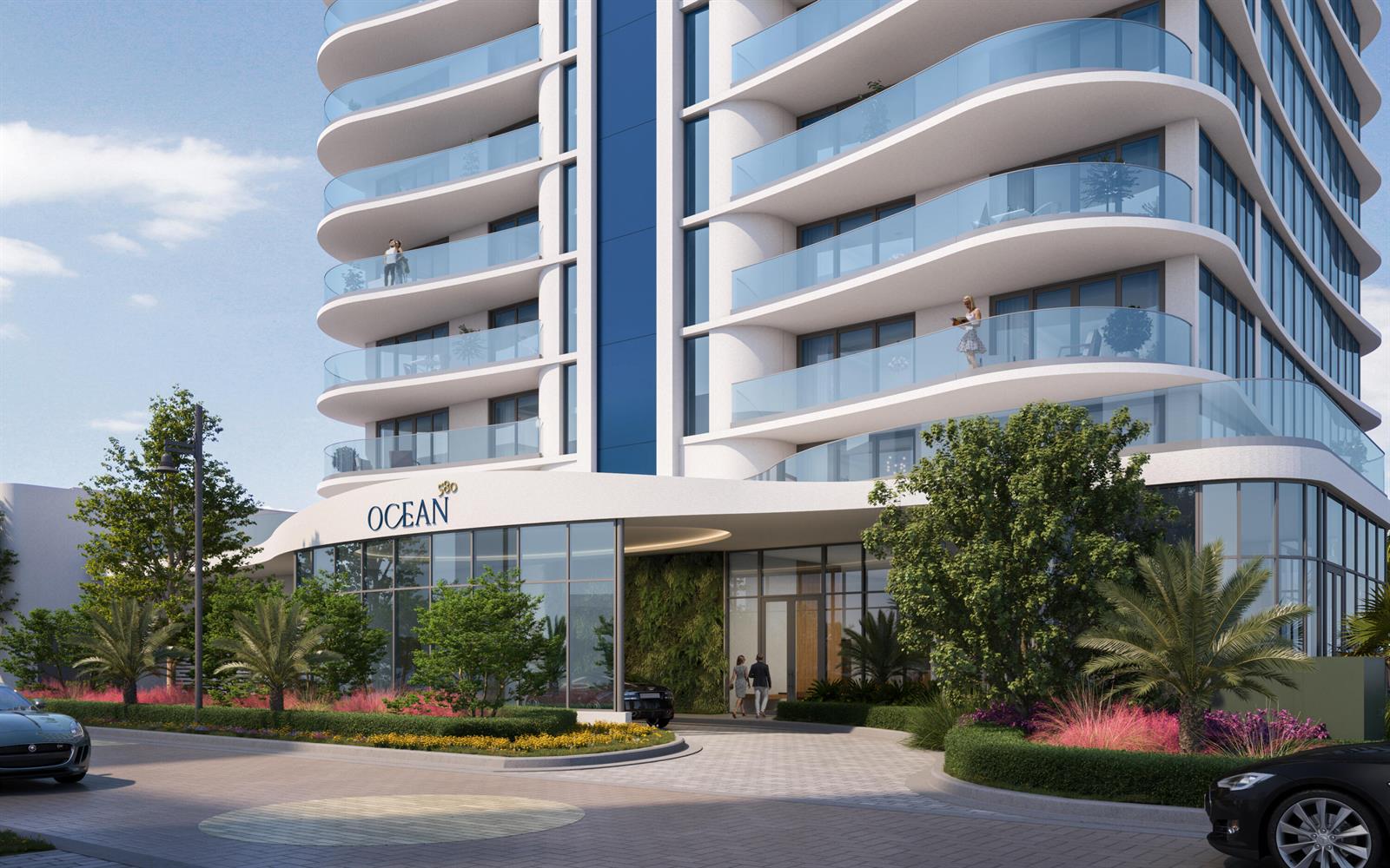 This architectural rendering shows the exterior entrance and balconies of a modern high-rise building — 580 Briny Avenue # 602, Pompano Beach FL 33062, POMPANO BEACH, FL