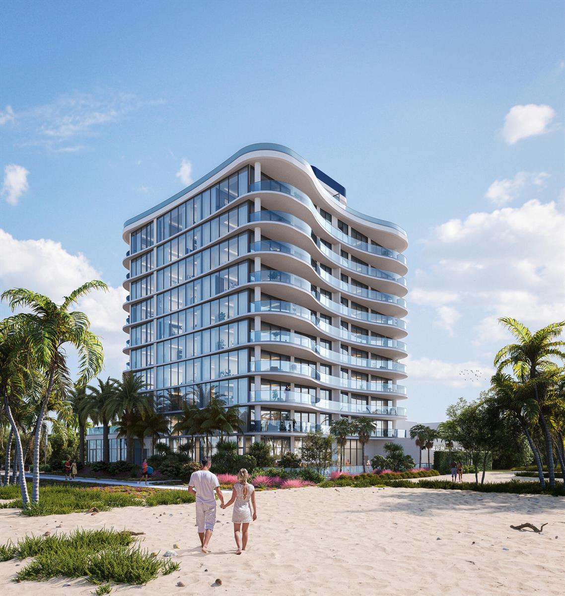 A rendering of a modern, curved multi-story residential building situated on a sandy beach — 580 Briny Avenue # 602, Pompano Beach FL 33062, POMPANO BEACH, FL