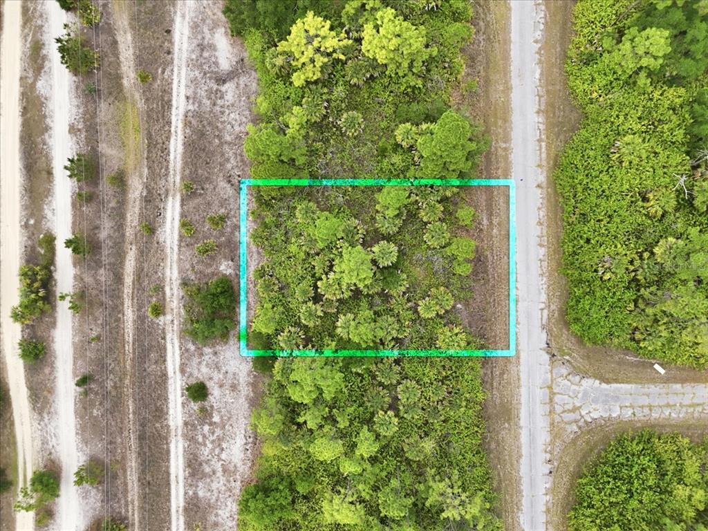 An aerial view shows a rectangular plot of land outlined in green amidst wooded vegetation — KIMBERLY DRIVE, NORTH PORT, FL