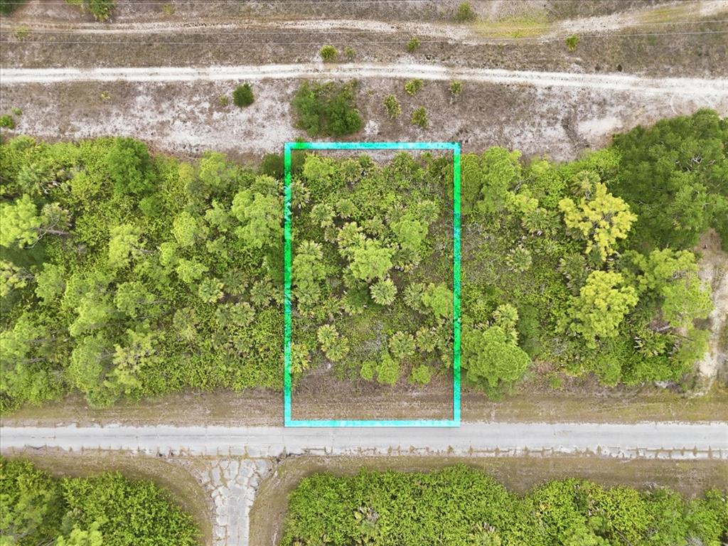 An aerial view shows a rectangular, wooded vacant lot outlined in blue along a road — KIMBERLY DRIVE, NORTH PORT, FL