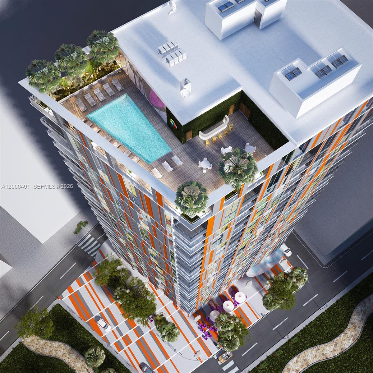This is a high-angle architectural rendering of a modern apartment building with a rooftop pool — 31 SE 6th St # 1206, Miami FL 33131, MIAMI, FL