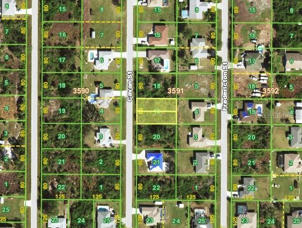 This is an aerial map showing residential lots and streets in a suburban neighborhood — 6182 CAVAN STREET, ENGLEWOOD, FL