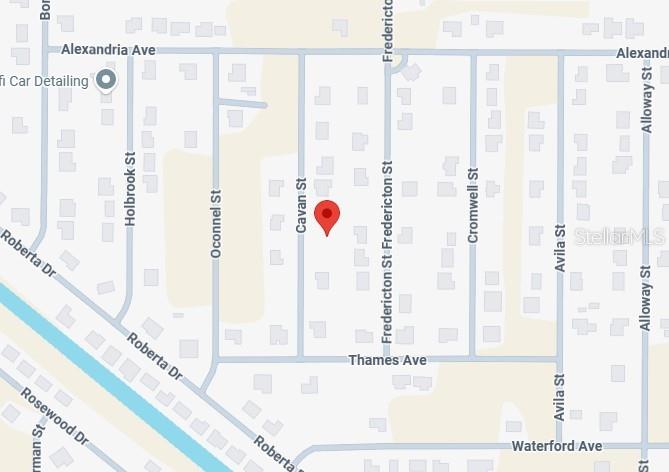 This is a map showing residential streets and a red location marker — 6182 CAVAN STREET, ENGLEWOOD, FL