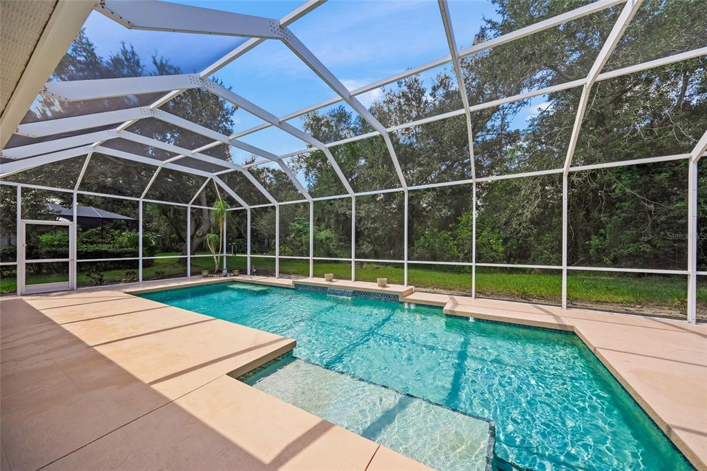 A screened-in swimming pool with a tan concrete deck and a lush, wooded backyard view — 8488 EAGLE PRESERVE WAY, SARASOTA, FL