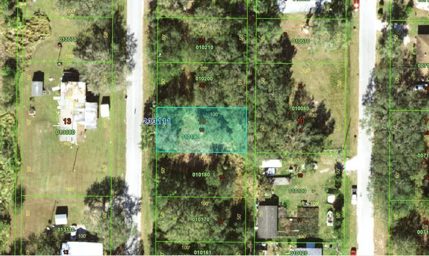 This is an aerial map showing a highlighted rectangular land parcel surrounded by neighboring lots — 6631 MERLE STREET, MULBERRY, FL