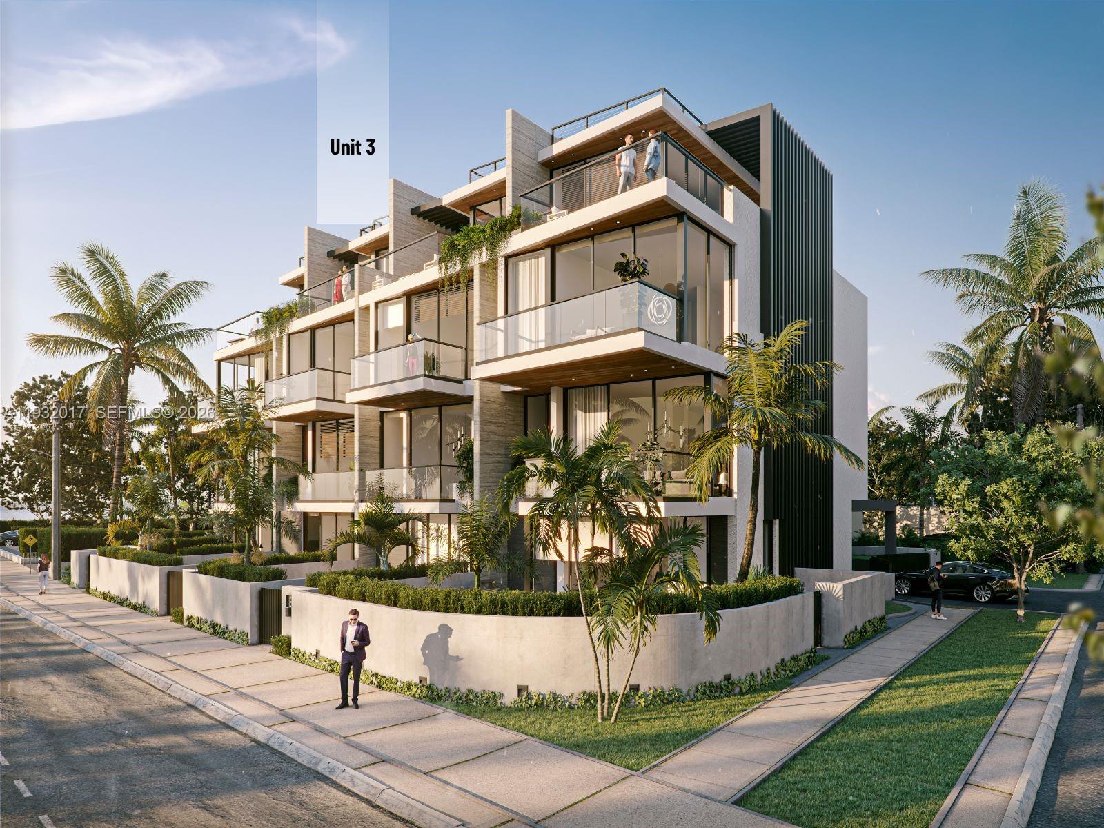 This is a rendering of a modern multi-story residential building with balconies and palm trees — 493 N Ocean Blvd # 3, Pompano Beach FL 33062, POMPANO BEACH, FL