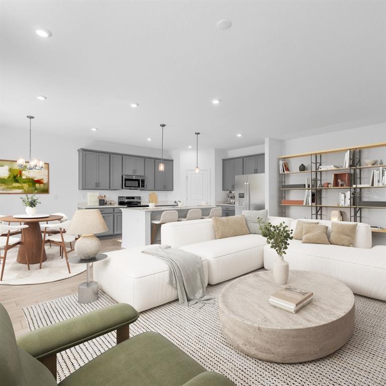 This is a digital rendering of an open-concept living room and kitchen with neutral decor — 9210 HARRIS HAWK DRIVE, LEESBURG, FL