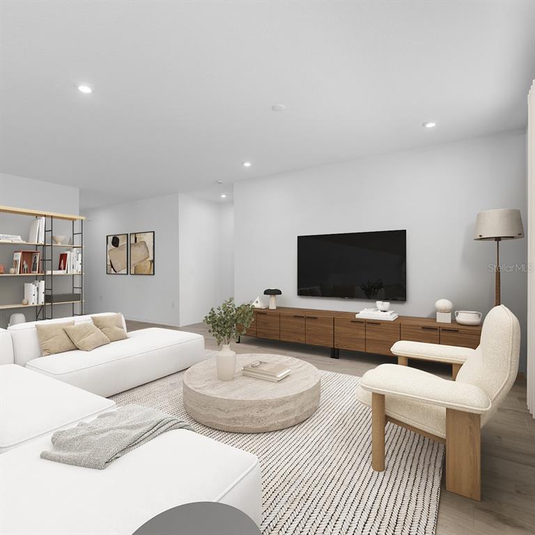 This is a digital rendering of a modern living room with white furniture and wood accents — 9210 HARRIS HAWK DRIVE, LEESBURG, FL