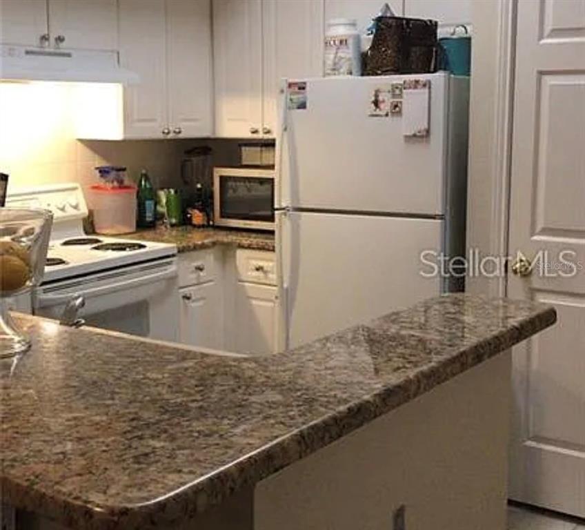 A kitchen features white cabinets, a granite countertop, a white stove, and a white refrigerator — 280 CELEBRATION BOULEVARD UNIT 307, CELEBRATION, FL