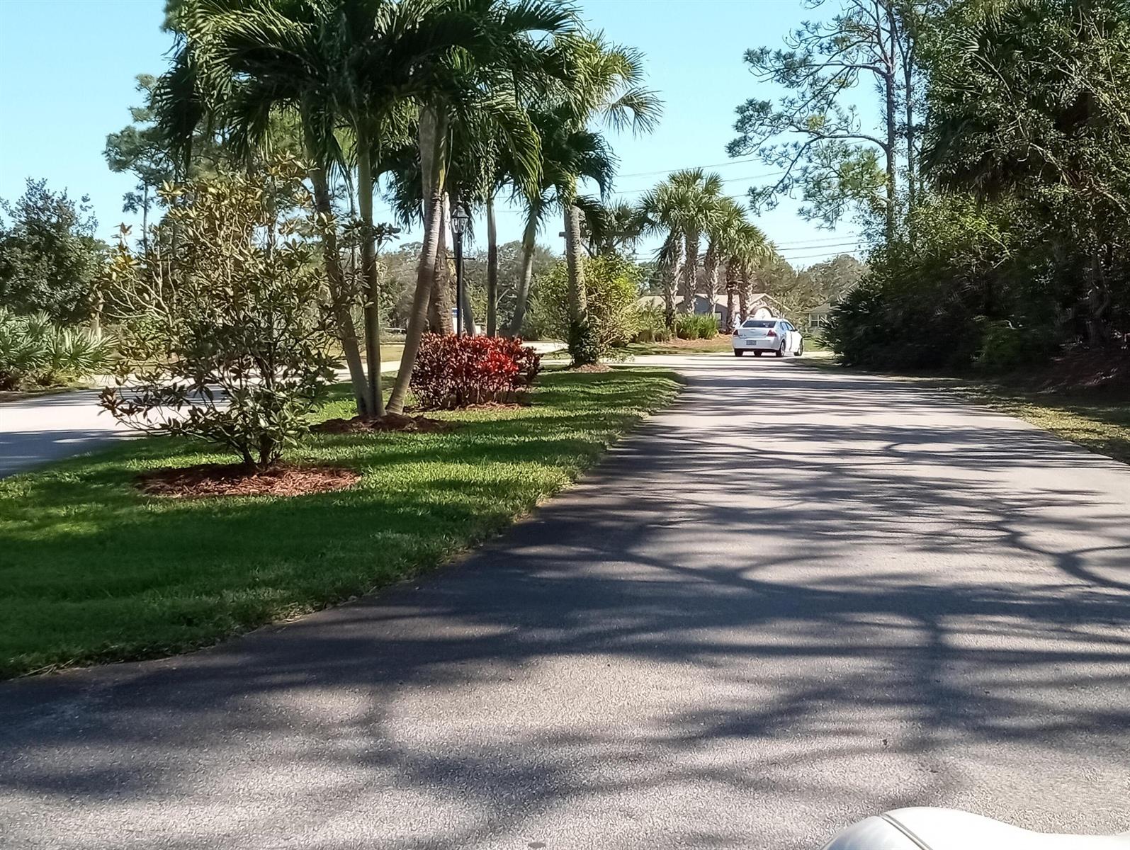 A paved road leads past palm trees and landscaping toward a white car in the distance — 630 E Pointe Ct SW, Vero Beach FL 32962, VERO BEACH, FL