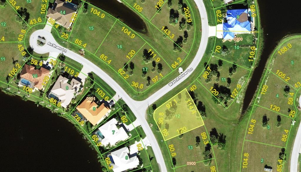This is an aerial map showing residential lots and street layouts in a neighborhood — 17168 WATCHTOWER LANE, PUNTA GORDA, FL