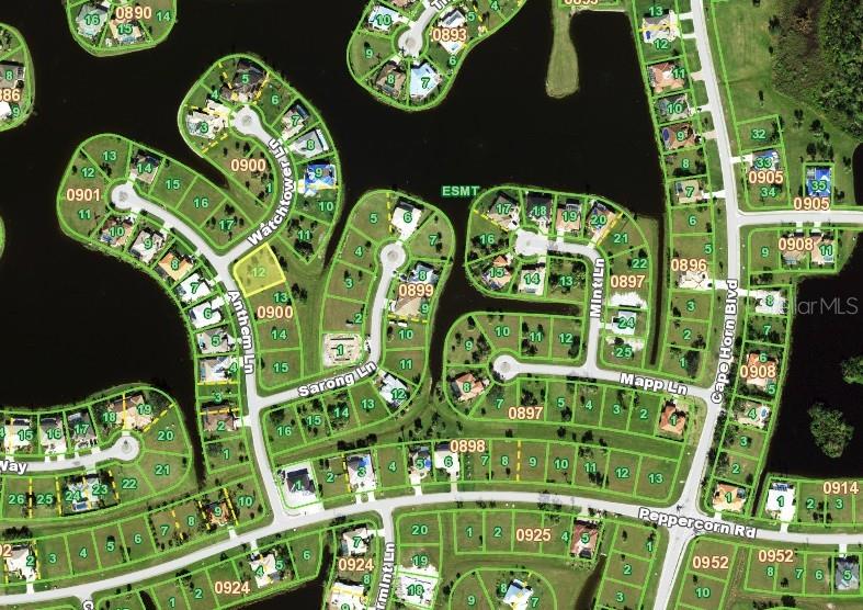 This is an aerial map showing residential lots, streets, and bodies of water — 17168 WATCHTOWER LANE, PUNTA GORDA, FL