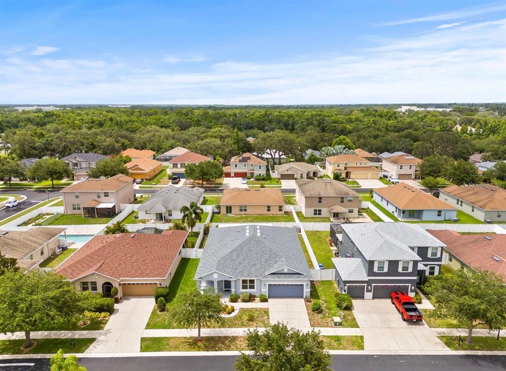 An aerial view shows a suburban neighborhood with several single-family homes and green lawns — 11114 HARTFORD FERN DRIVE, RIVERVIEW, FL