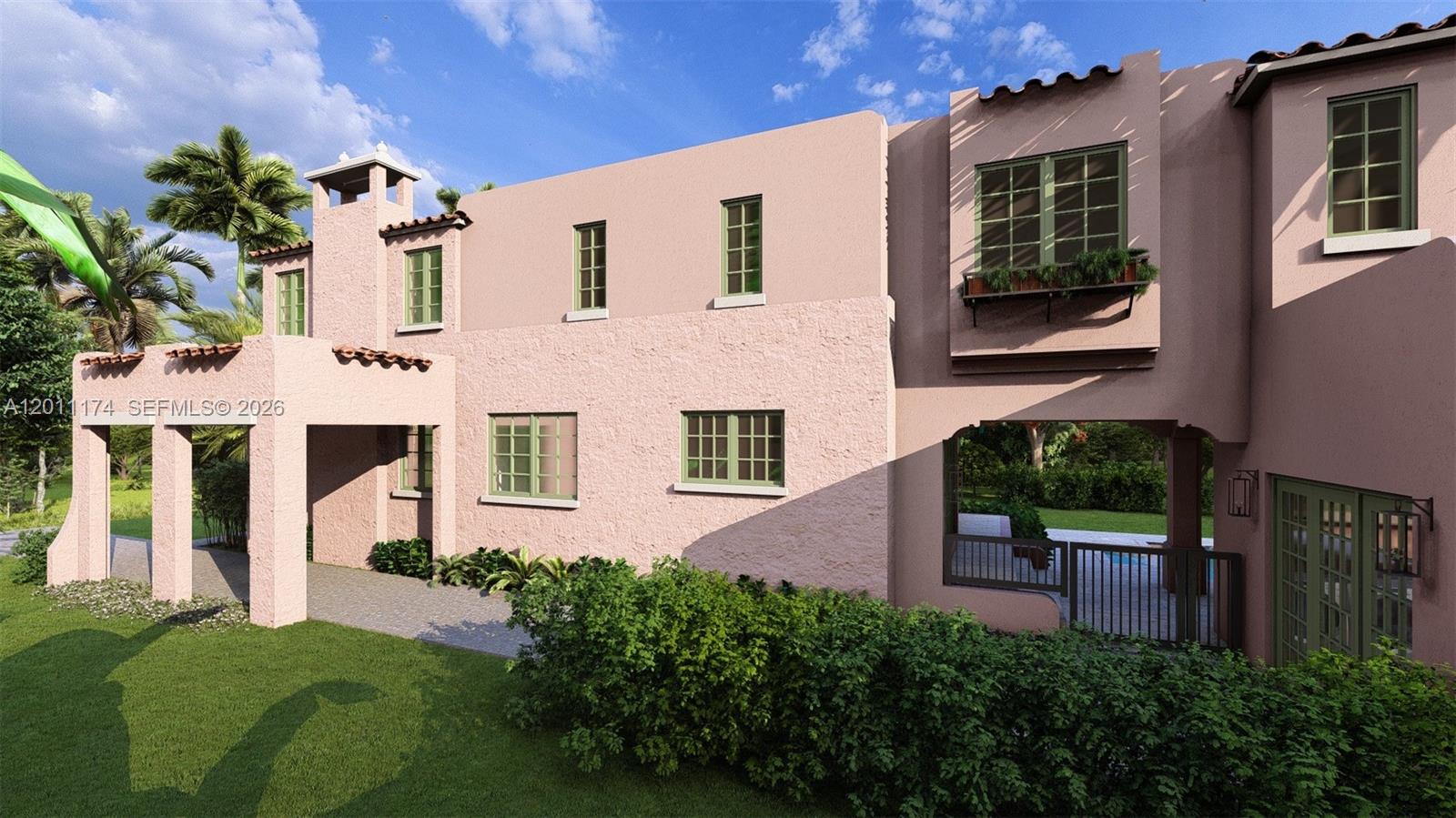 This is a digital rendering of the exterior of a pink, two-story stucco house — 3920 Durango St, Coral Gables FL 33134, CORAL GABLES, FL