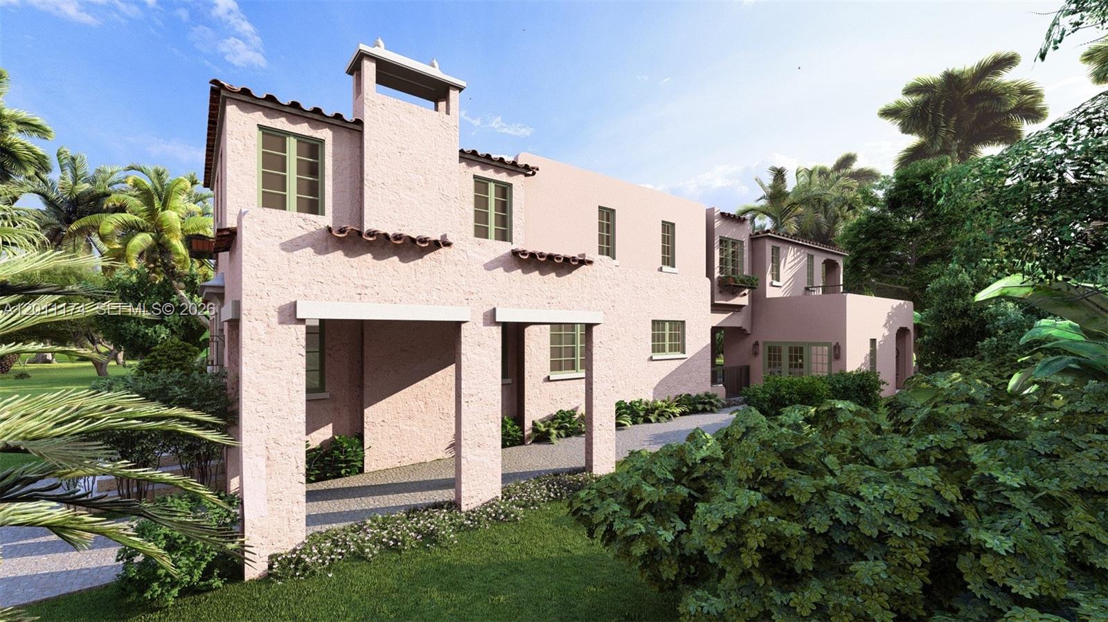 This is a rendering of a two-story pink stucco house with a covered entryway — 3920 Durango St, Coral Gables FL 33134, CORAL GABLES, FL