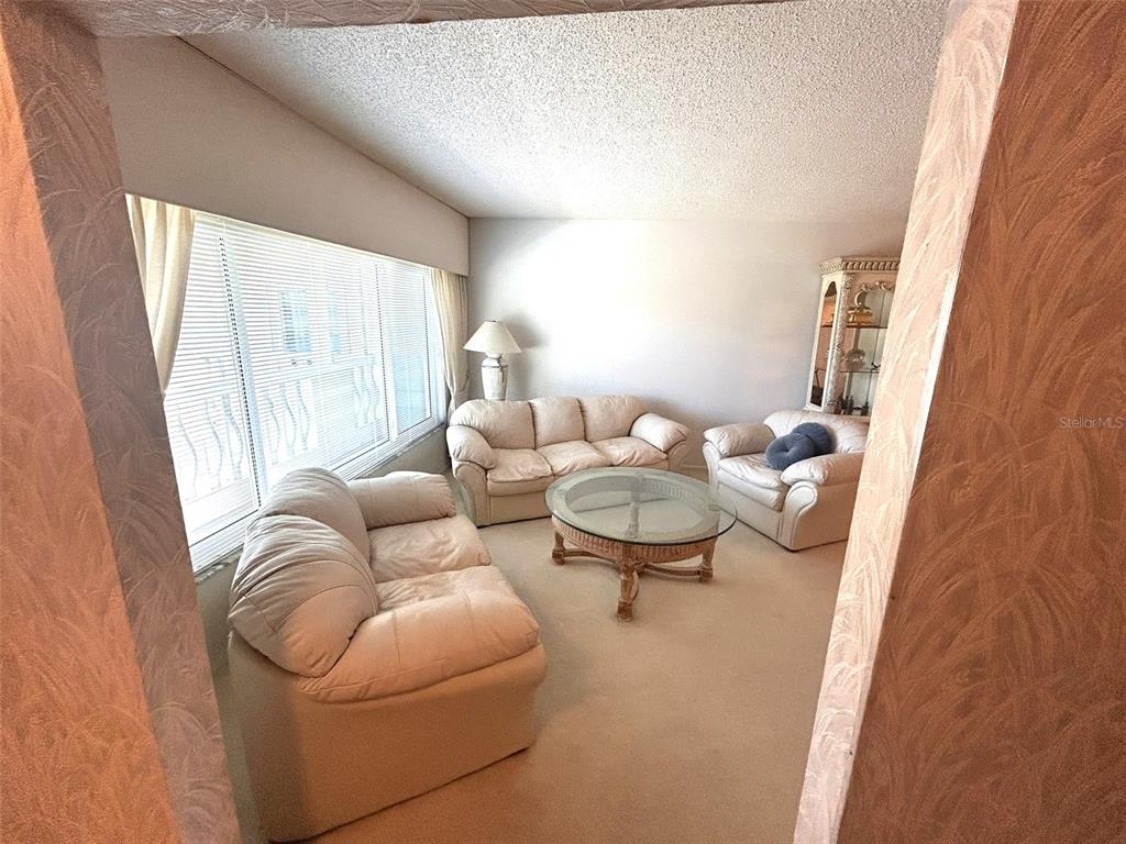 A living room features beige carpet, three off-white sofas, a glass-topped coffee table, and blinds — 2170 AMERICUS BOULEVARD S UNIT 57, CLEARWATER, FL