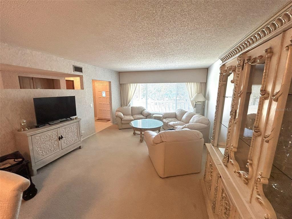 A living room features beige carpet, a television on a cabinet, and white upholstered furniture — 2170 AMERICUS BOULEVARD S UNIT 57, CLEARWATER, FL