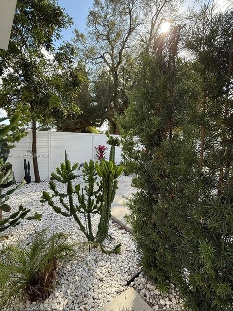 A white fence encloses a backyard garden featuring a large cactus and white gravel landscaping — 5629 NW 31st Ave, Miami FL 33142, MIAMI, FL