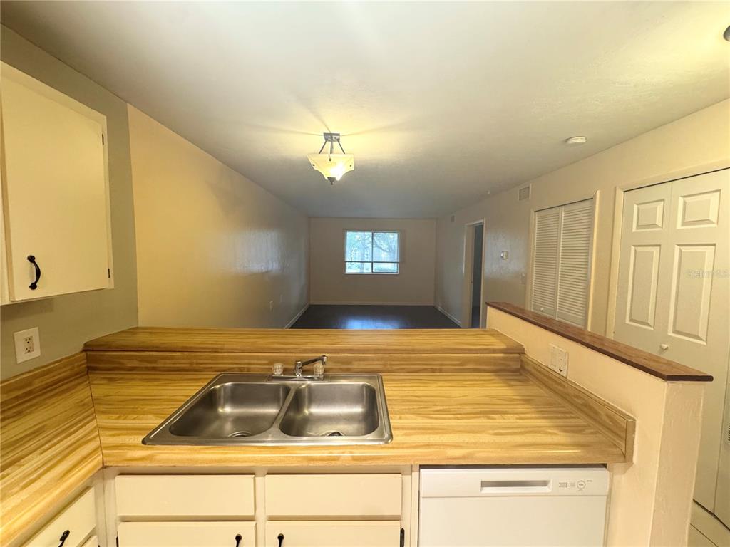 A kitchen sink and countertop overlook a living area with a window and ceiling light — 109 SE 16TH AVENUE UNIT Q101, GAINESVILLE, FL