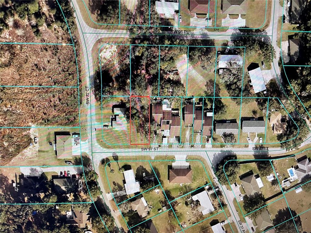 This is an aerial map showing a vacant residential lot outlined in red — TBD SW 97TH STREET, OCALA, FL
