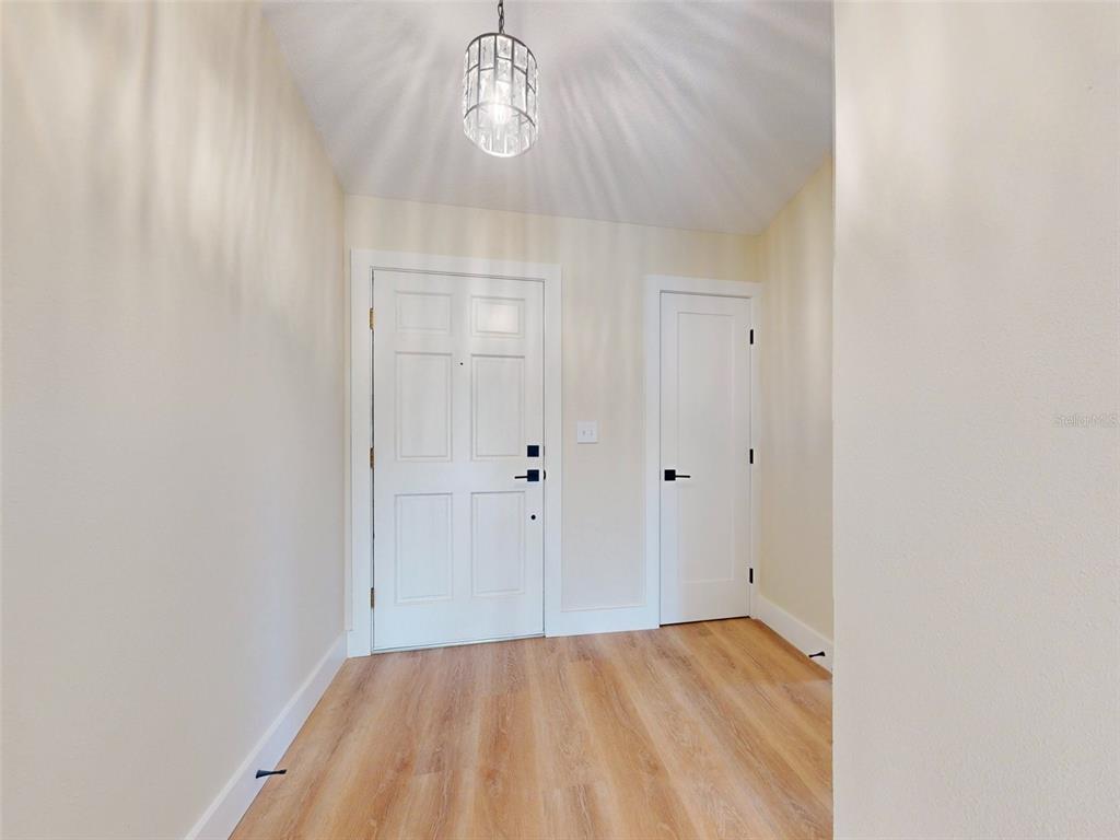 An entryway features light wood flooring, a white front door, and a modern pendant light — 804 SOFT PINE COURT, NEW SMYRNA BEACH, FL